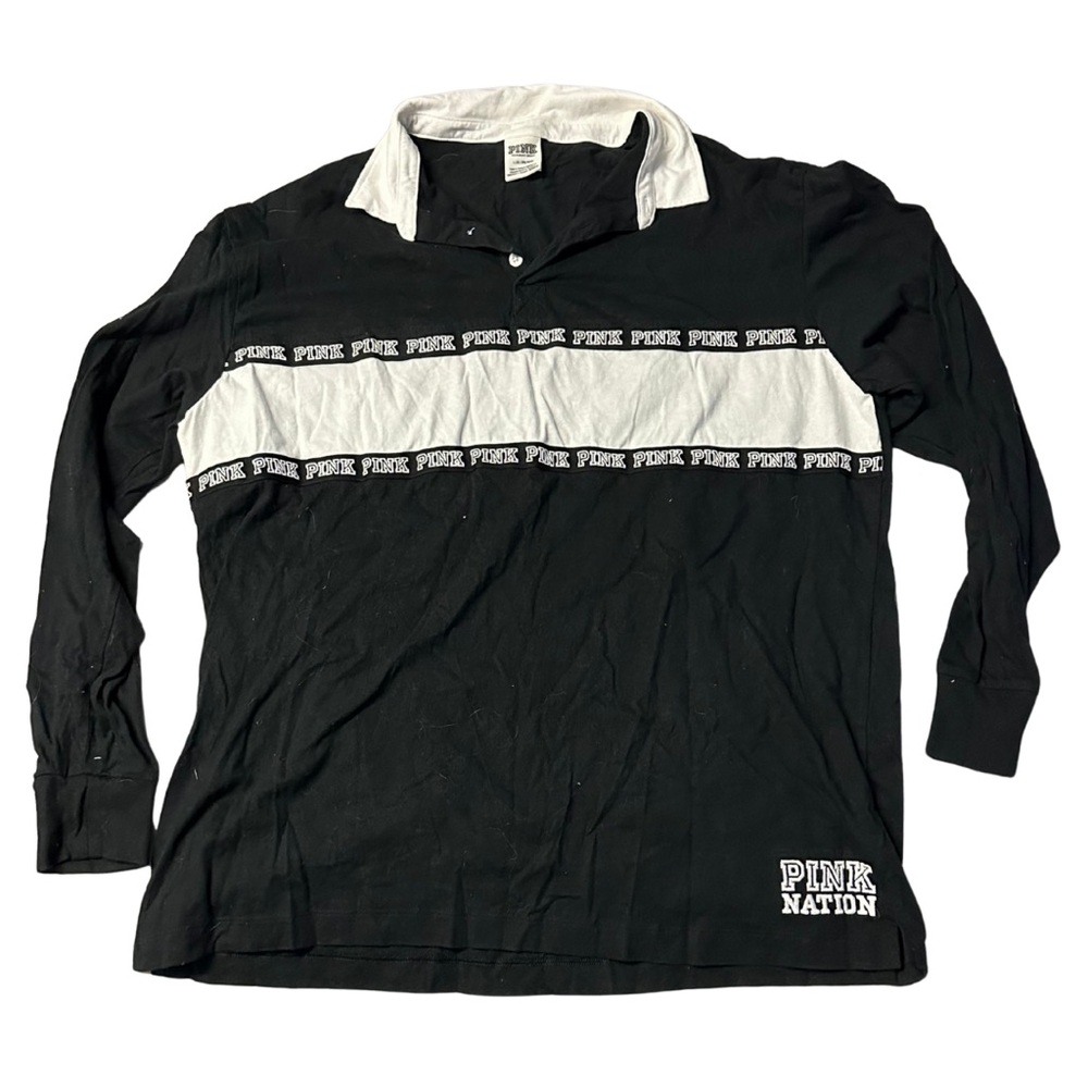 VS PINK | Black Rugby Style Polo Long Sleeve T-Shirt | Y2K 2010s Campus Style